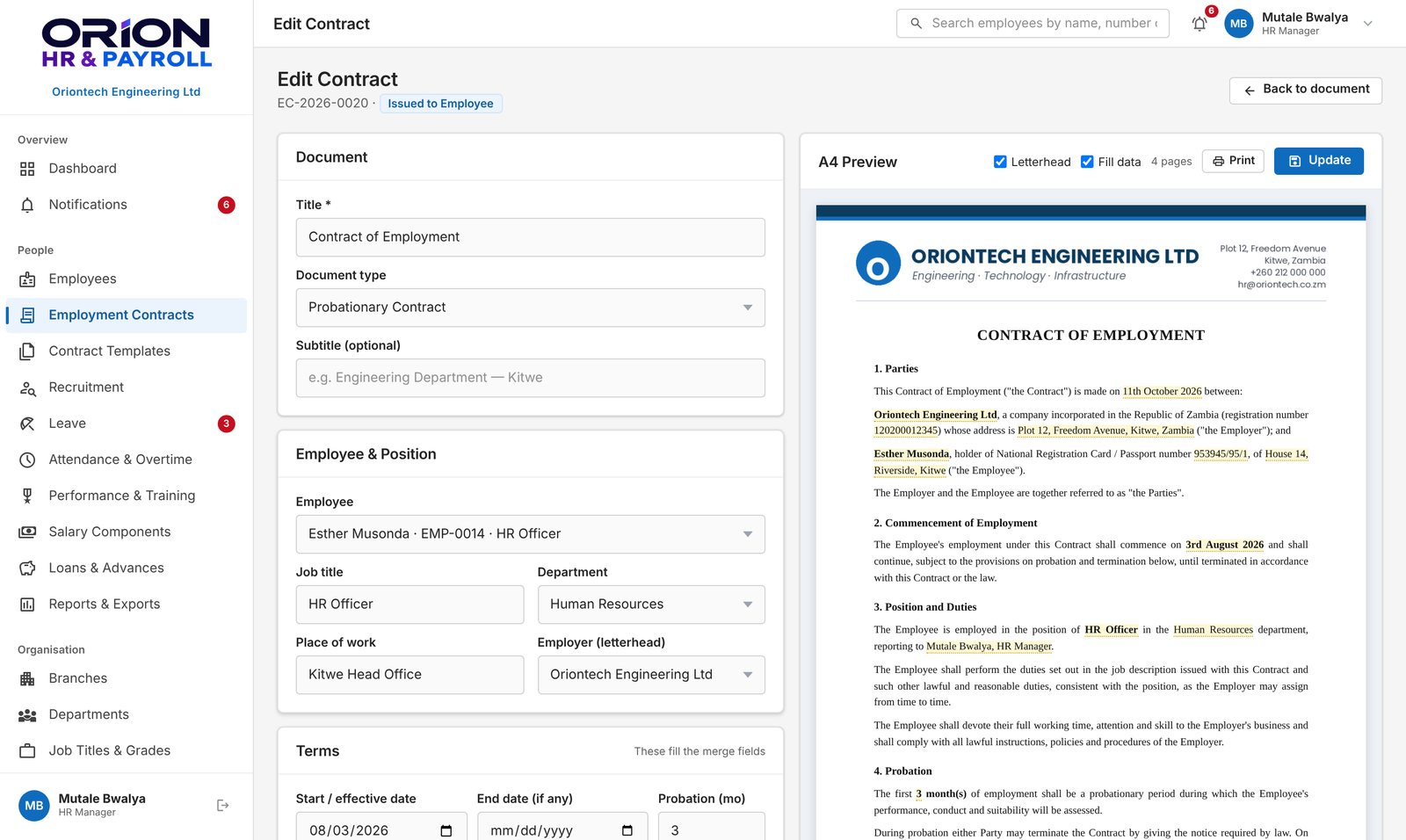 Employment contract builder with a live A4 preview on the company letterhead