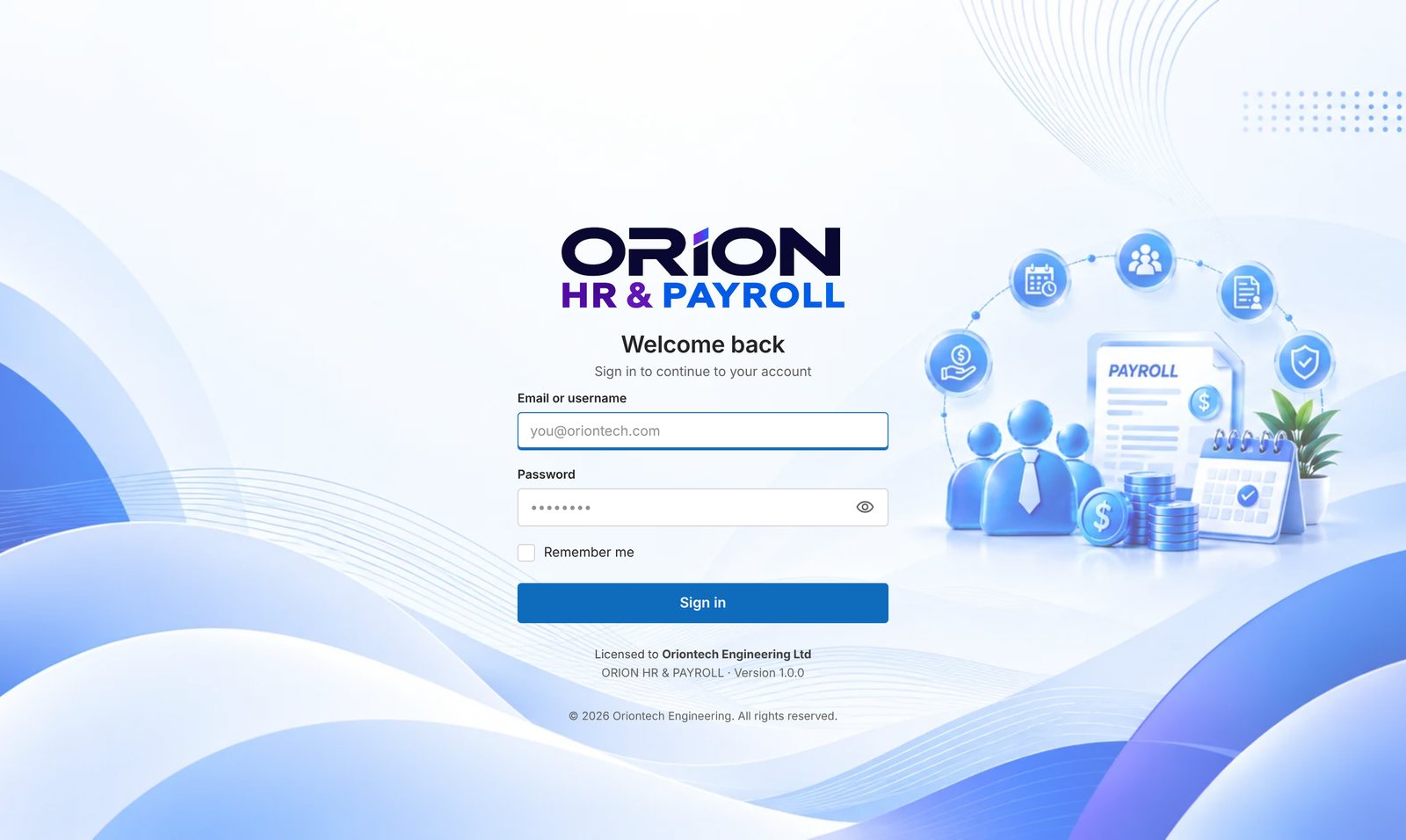 ORION HR & PAYROLL secure sign-in screen