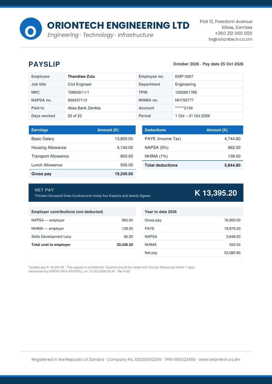Payslip PDF on the company letterhead